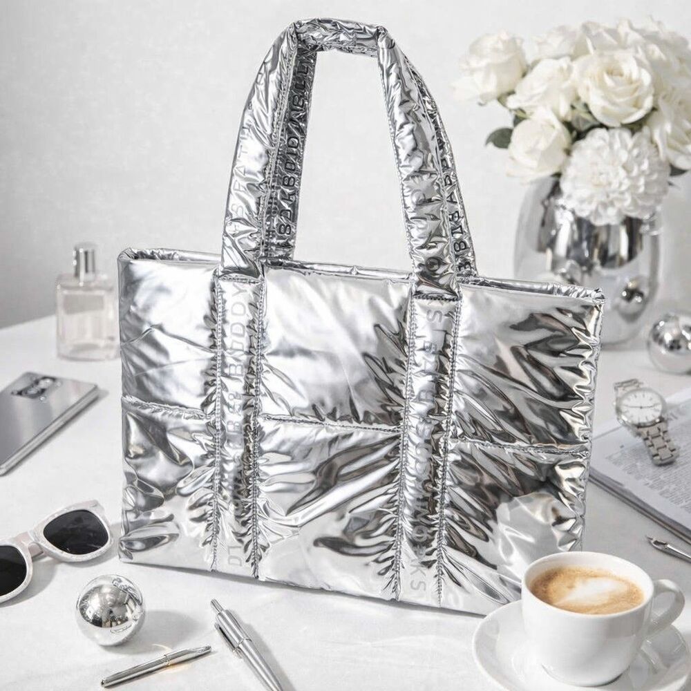 Bath & Body Works Metallic Quilted Silver Puffer Tote Bag from A Thousand Wishes